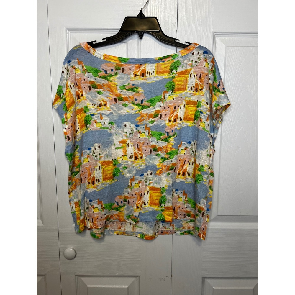 Cynthia Rowley Womens XL Linen Knit Top Mediterranean Landscape Scenic Print Tee - Picture 2 of 3